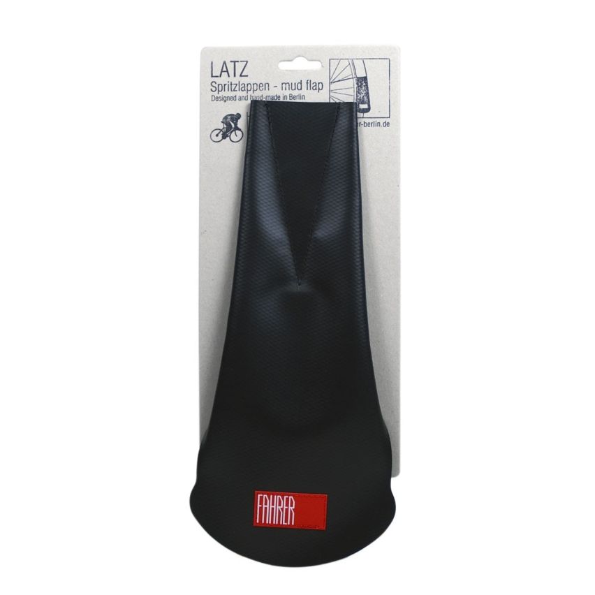FAHRER Mudguard Latz Xl Mud flap model XL, made of recycled advertisement banner or truck tarpaulin. Made in Berlin. Length: 30 cm, max width: 13 cm